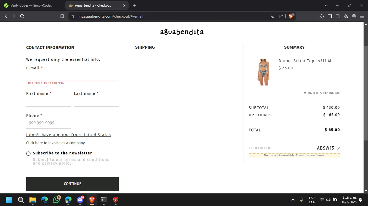 Agua Bendita promo code screenshot showing code ABSW15 applied at Agua Bendita checkout page. Uploaded by SimplyCodes community member DaniTsu on Mar 16, 2025