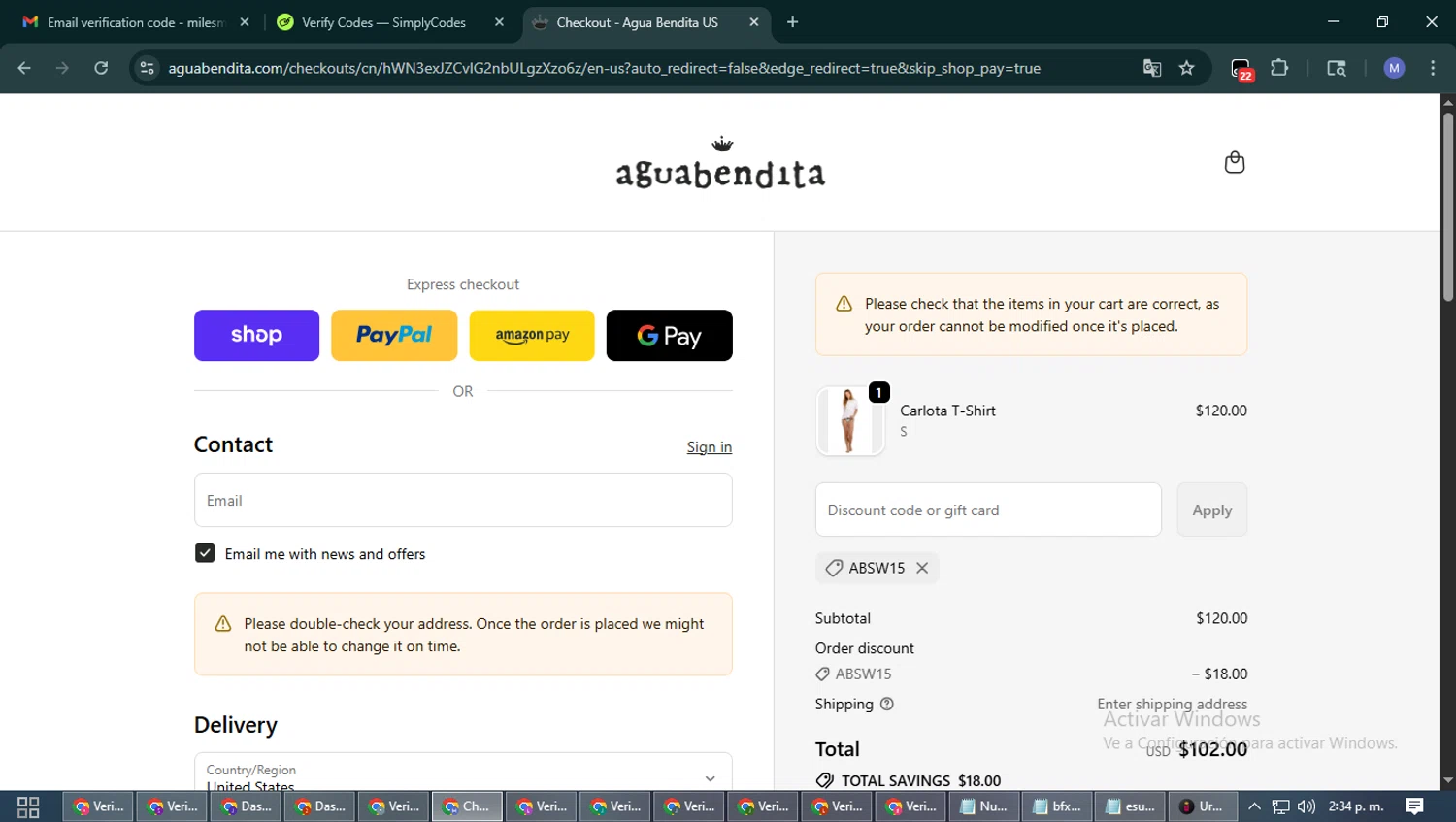 Agua Bendita promo code screenshot showing code ABSW15 applied at Agua Bendita checkout page. Uploaded by SimplyCodes community member PrimeFox5260 on Oct 2, 2025