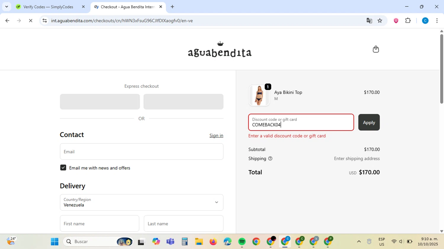 Agua Bendita promo code screenshot showing code COMEBACK04 applied at Agua Bendita checkout page. Uploaded by SimplyCodes community member ScanAce2966 on Oct 10, 2025