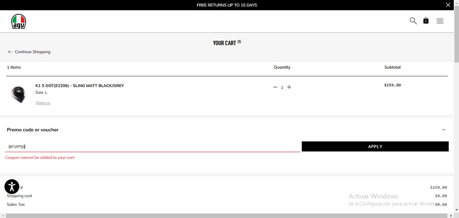 AGV Helmets promo code screenshot showing code BFVIP50 applied at AGV Helmets checkout page. Uploaded by SimplyCodes community member ValiantMaverick169 on Jan 26, 2025