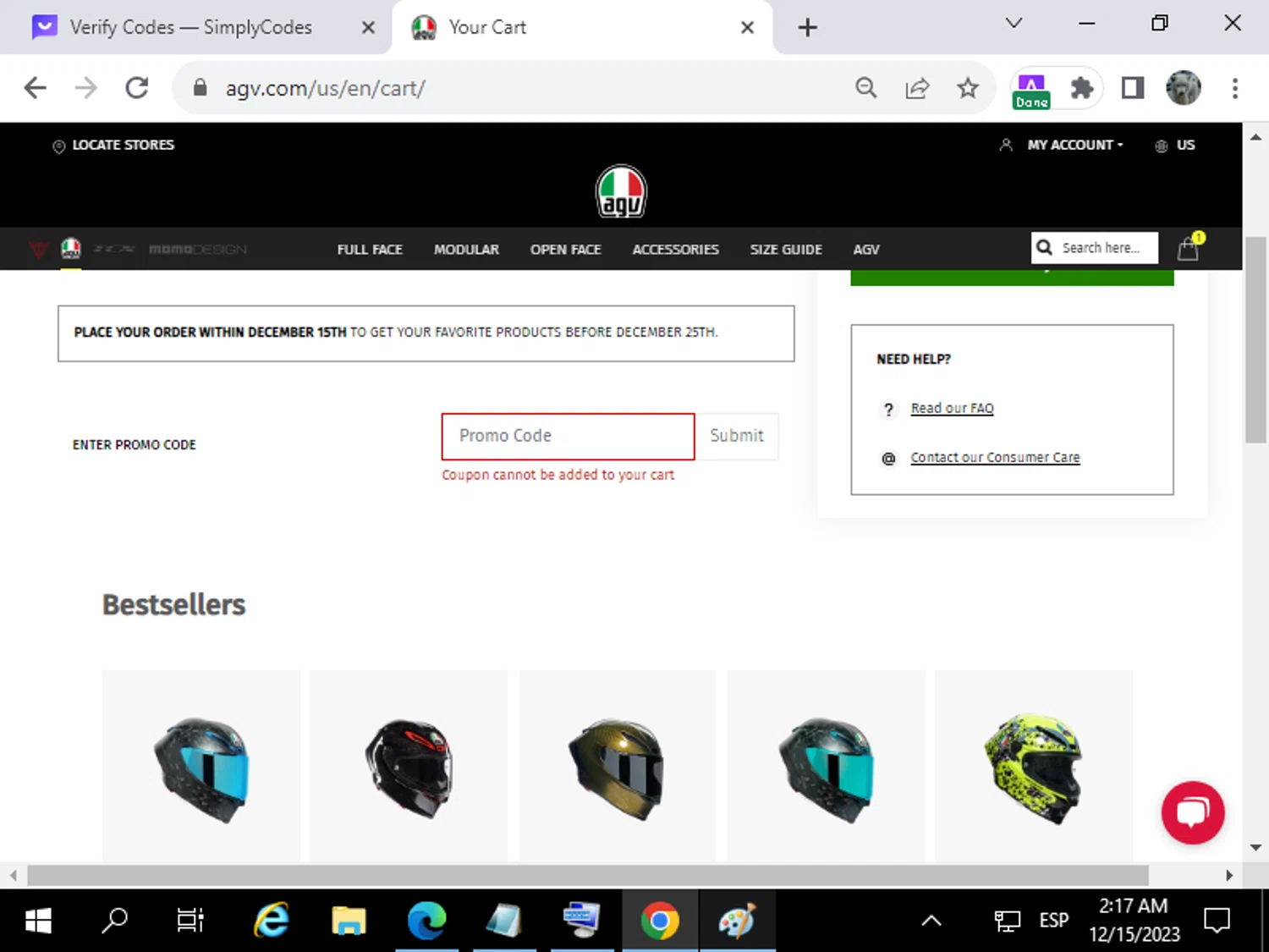 AGV Helmets checkout page showing AGV Helmets promo code box | Screenshot taken by SimplyCodes community member on Dec 15, 2023