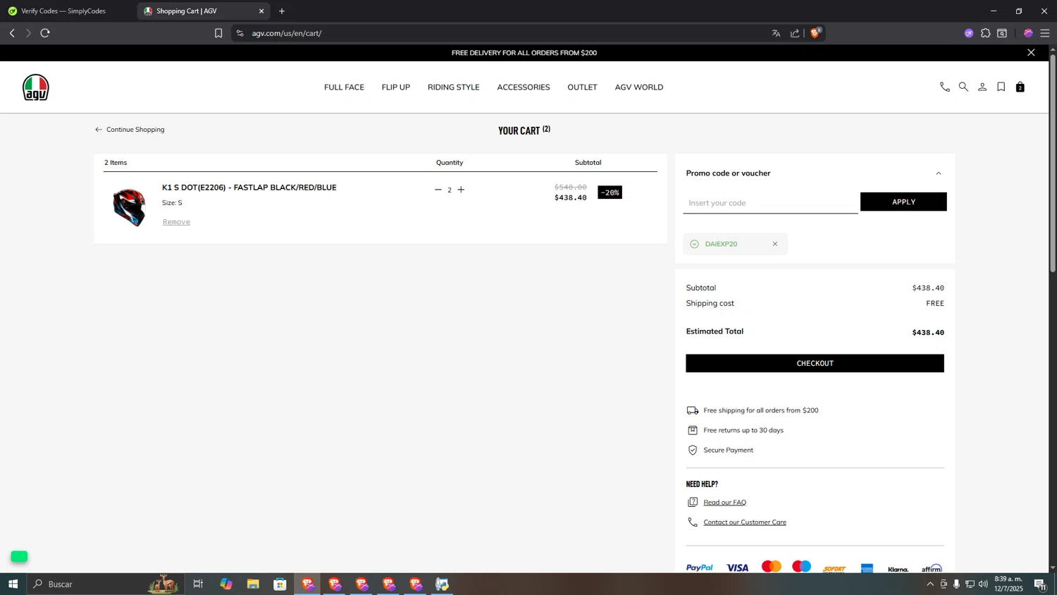 AGV Helmets promo code screenshot showing code DAIEXP20 applied at AGV Helmets checkout page. Uploaded by SimplyCodes community member TOKIOBOT on Jul 12, 2025