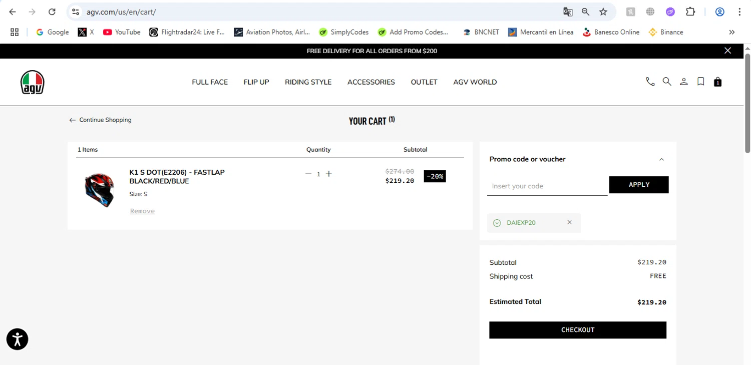 AGV Helmets promo code screenshot showing code DAIEXP20 applied at AGV Helmets checkout page. Uploaded by SimplyCodes community member victor on Jun 11, 2025