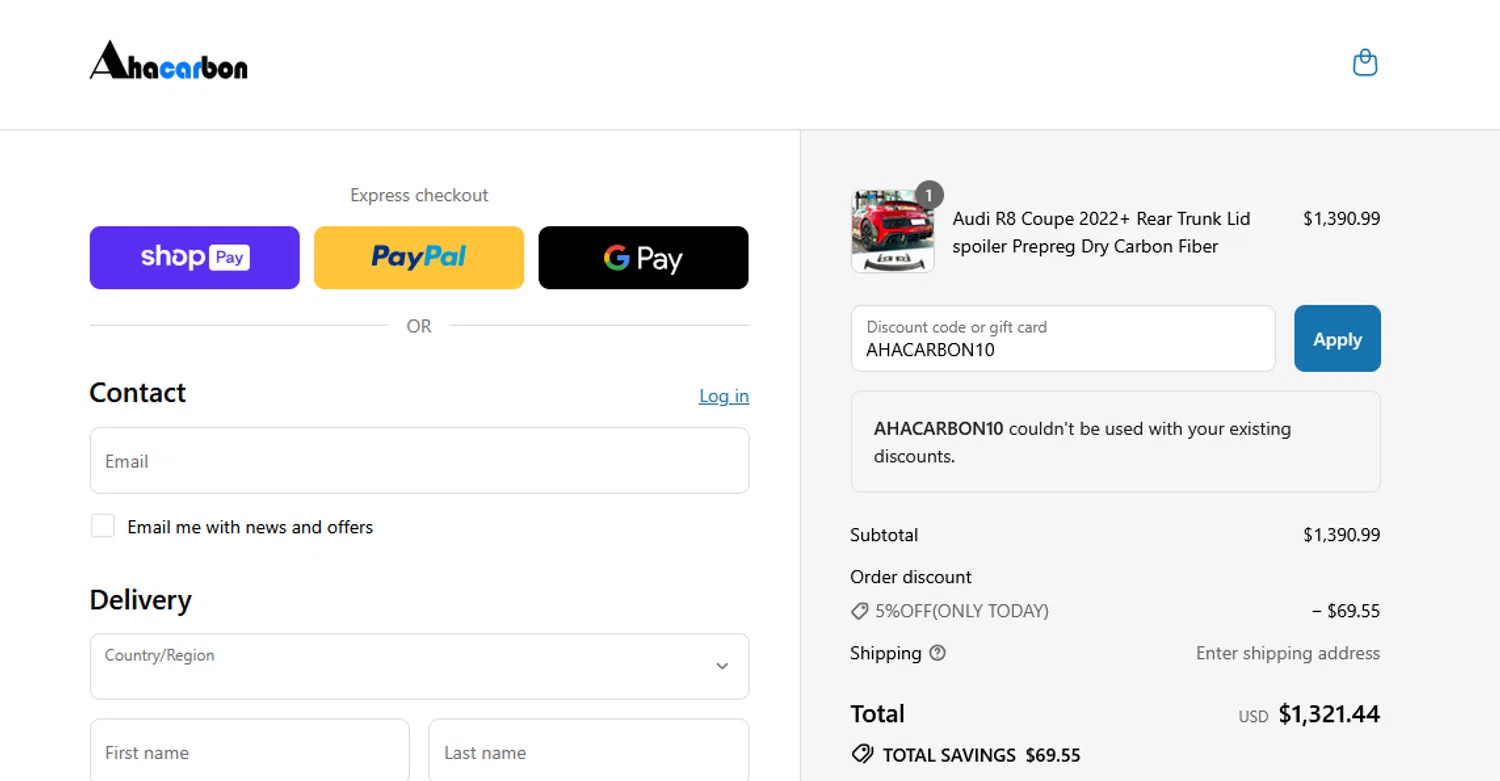 Ahacarbon discount code screenshot showing code AHACARBON10 applied at Ahacarbon checkout page. Uploaded by SimplyCodes community member CRYSTALSUICINE on Jul 11, 2025