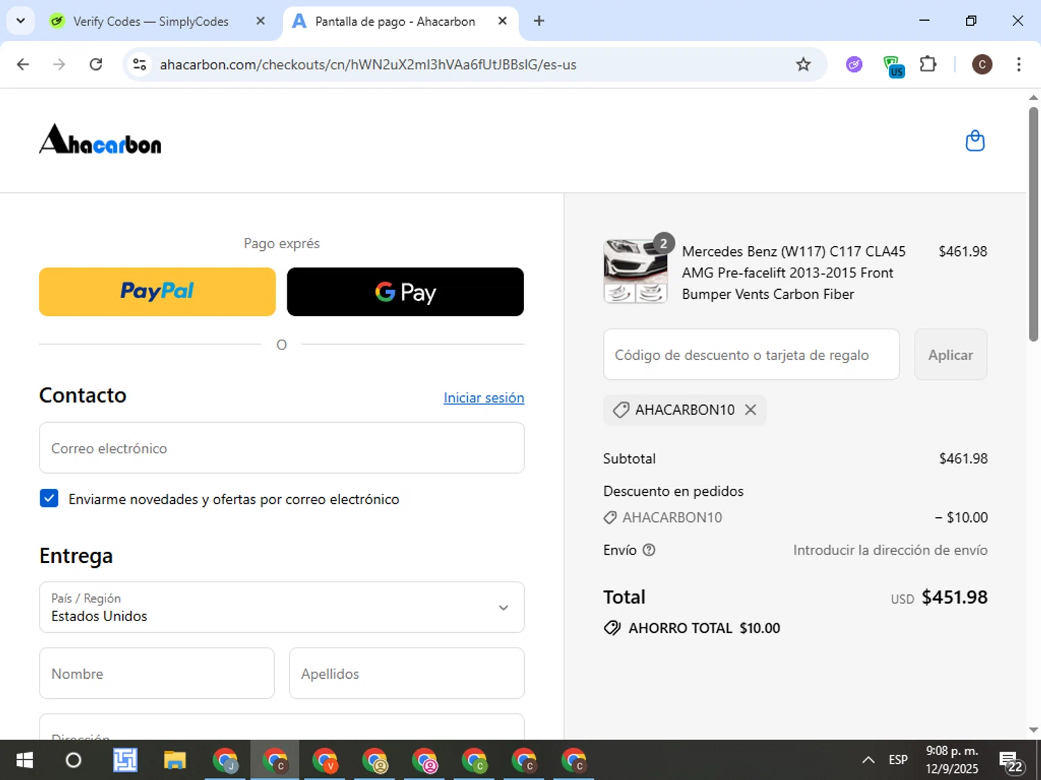 Ahacarbon discount code screenshot showing code AHACARBON10 applied at Ahacarbon checkout page. Uploaded by SimplyCodes community member TreasureFox8596 on Sep 13, 2025