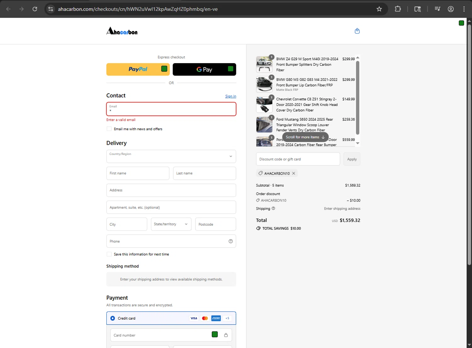 Ahacarbon discount code screenshot showing code AHACARBON10 applied at Ahacarbon checkout page. Uploaded by SimplyCodes community member fiadaz on Sep 13, 2025