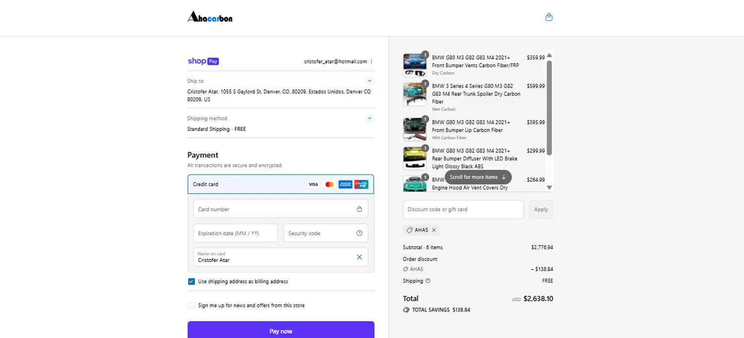 Ahacarbon discount code screenshot showing code Aha5 applied at Ahacarbon checkout page. Uploaded by SimplyCodes community member DavidMGF on Jul 28, 2025