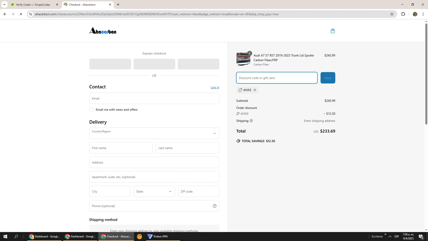 Ahacarbon discount code screenshot showing code Aha5 applied at Ahacarbon checkout page. Uploaded by SimplyCodes community member Phoenix585 on Apr 9, 2025