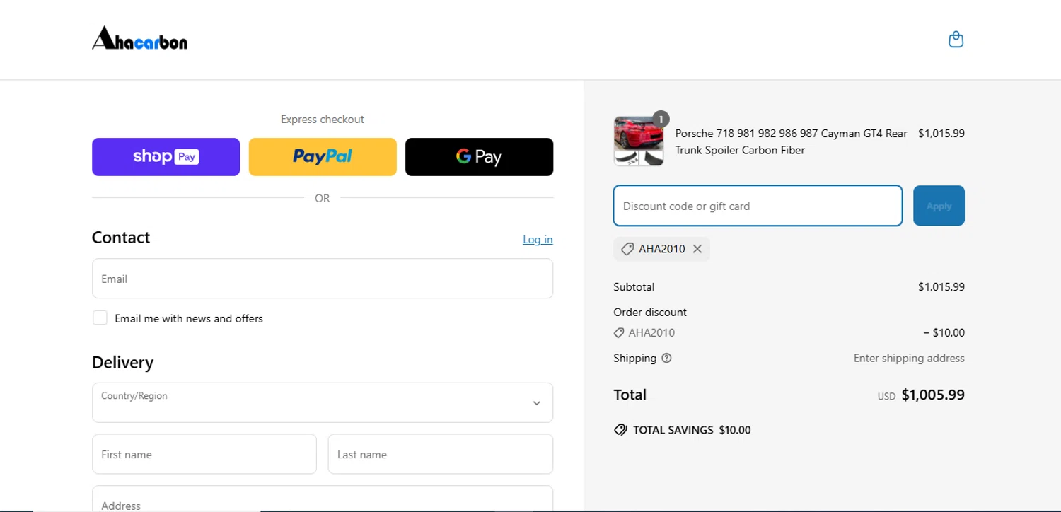 Ahacarbon discount code screenshot showing code Aha2010 applied at Ahacarbon checkout page. Uploaded by SimplyCodes community member LukaModric10 on Mar 30, 2025