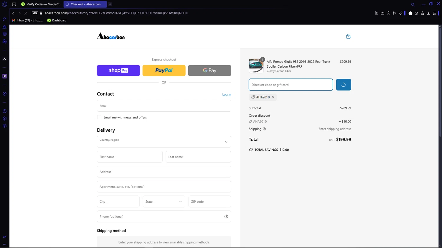 Ahacarbon discount code screenshot showing code Aha2010 applied at Ahacarbon checkout page. Uploaded by SimplyCodes community member VictoriousCaptain3902 on Mar 30, 2025