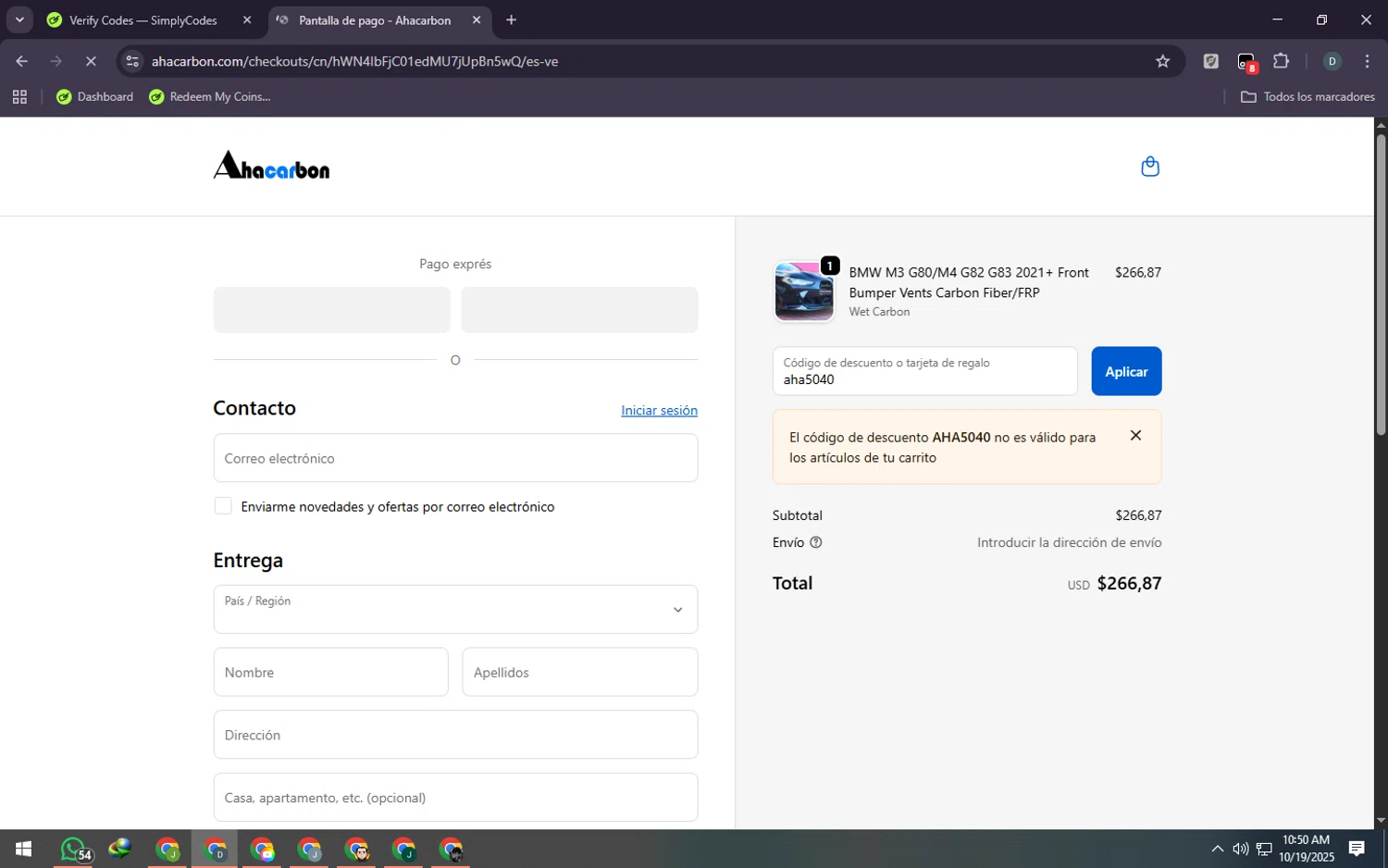 Ahacarbon discount code screenshot showing code aha5040 applied at Ahacarbon checkout page. Uploaded by SimplyCodes community member Rei_Chikita_uwu on Oct 19, 2025