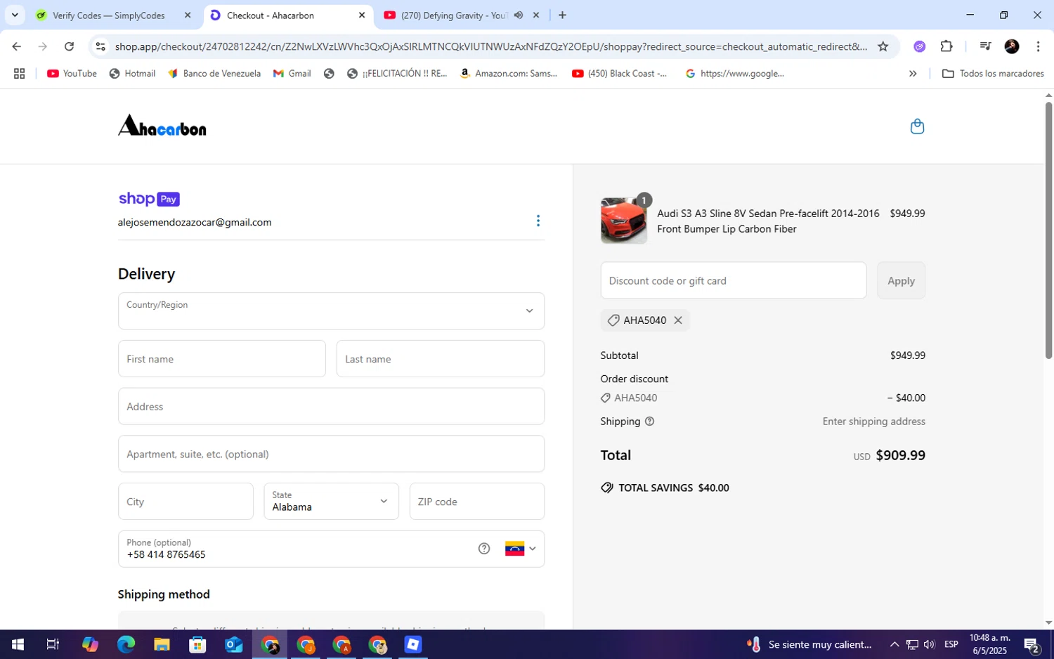 Ahacarbon discount code screenshot showing code aha5040 applied at Ahacarbon checkout page. Uploaded by SimplyCodes community member WiseScholar9036 on May 6, 2025