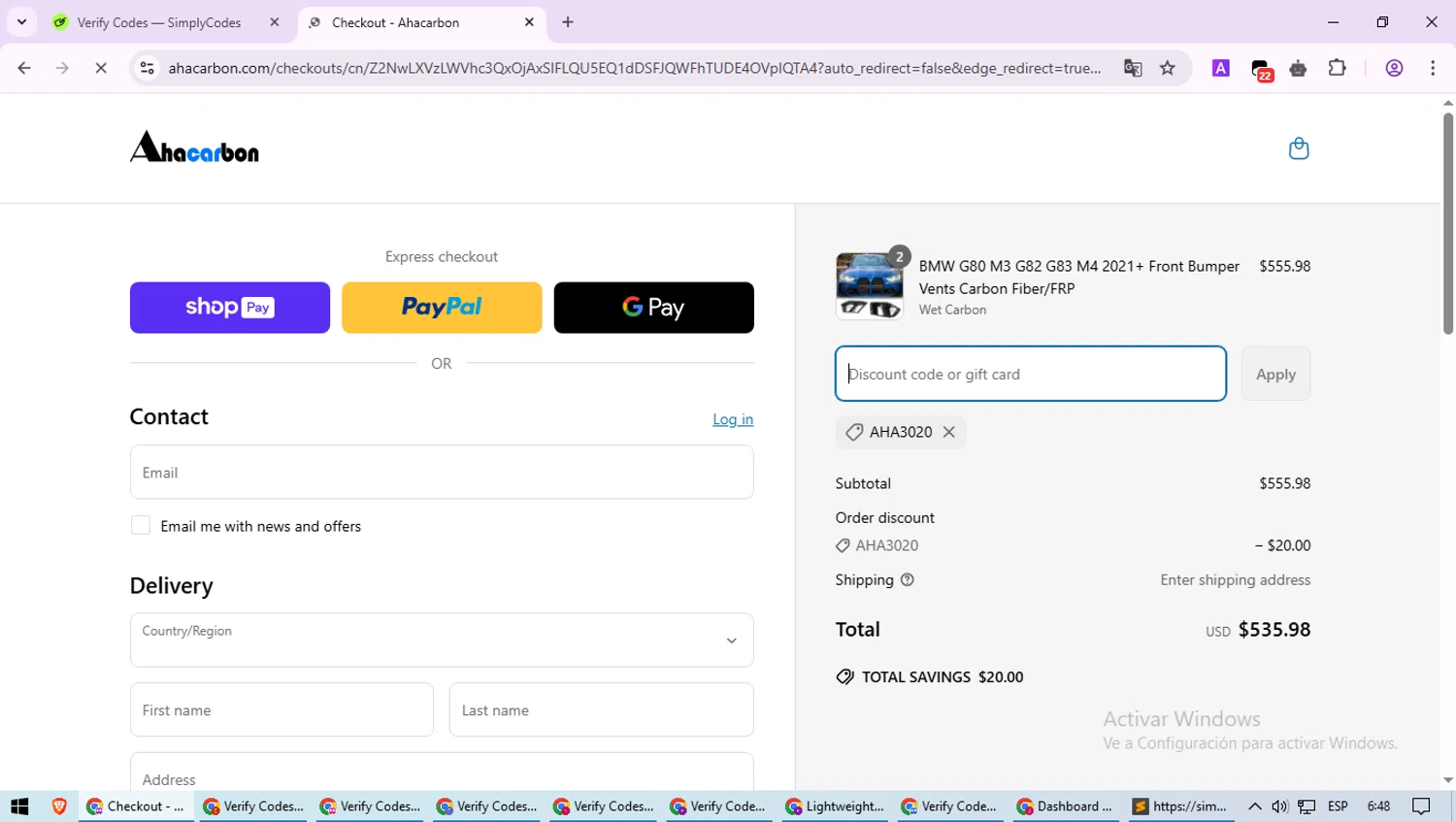 Ahacarbon discount code screenshot showing code Aha3020 applied at Ahacarbon checkout page. Uploaded by SimplyCodes community member QuestScholar5572 on Mar 30, 2025