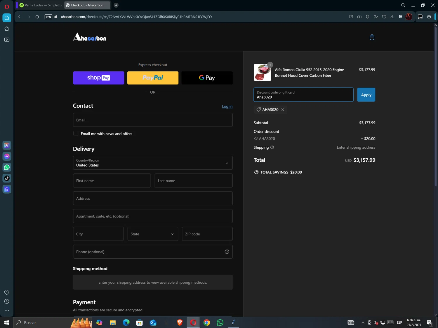 Ahacarbon discount code screenshot showing code Aha3020 applied at Ahacarbon checkout page. Uploaded by SimplyCodes community member hollowknight on Feb 25, 2025
