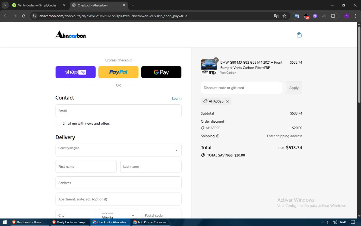 Ahacarbon discount code screenshot showing code Aha3020 applied at Ahacarbon checkout page. Uploaded by SimplyCodes community member usuario500 on Jul 19, 2025