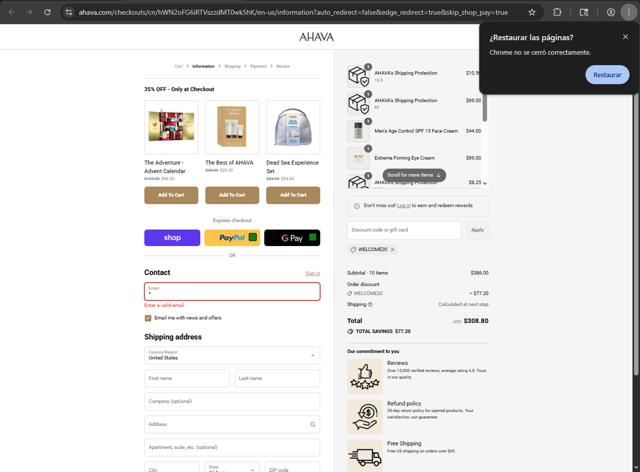 Ahava checkout page showing Ahava promo code box | Screenshot taken by SimplyCodes community member on Sep 10, 2025
