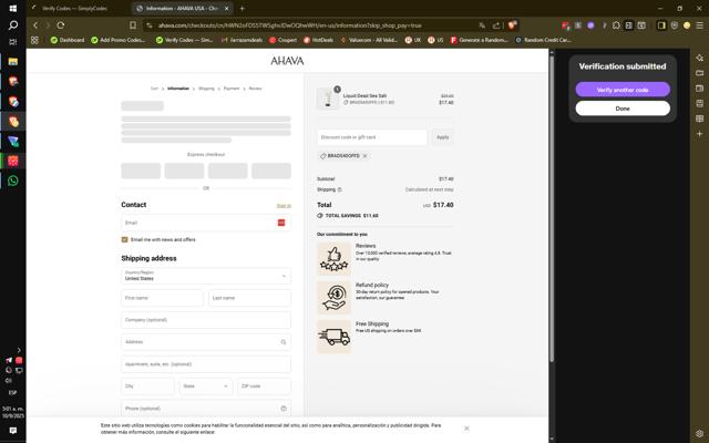 Ahava checkout page showing Ahava promo code box | Screenshot taken by SimplyCodes community member on Sep 10, 2025
