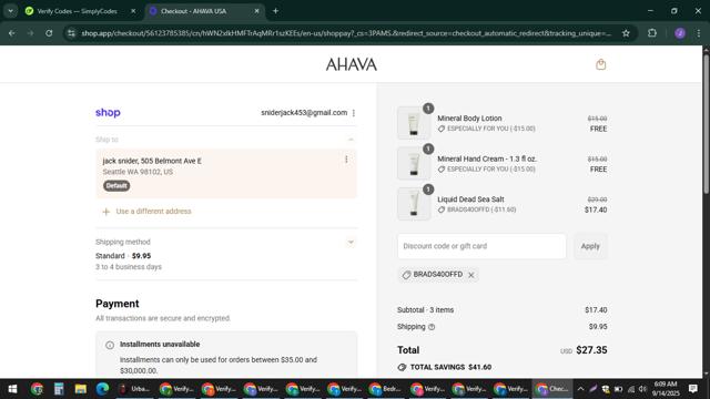 Ahava checkout page showing Ahava promo code box | Screenshot taken by SimplyCodes community member on Sep 14, 2025