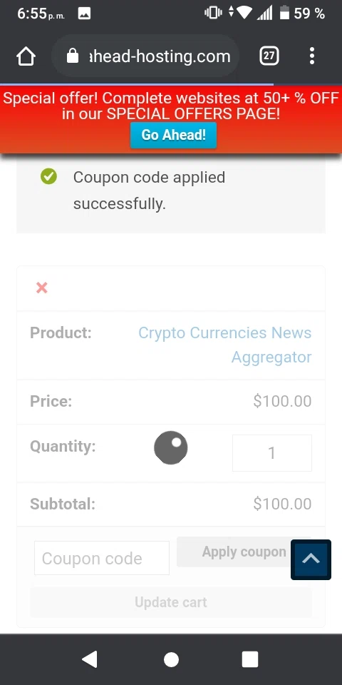 Ahead Hosting checkout page showing Ahead Hosting promo code box | Screenshot taken by SimplyCodes community member on Apr 23, 2021