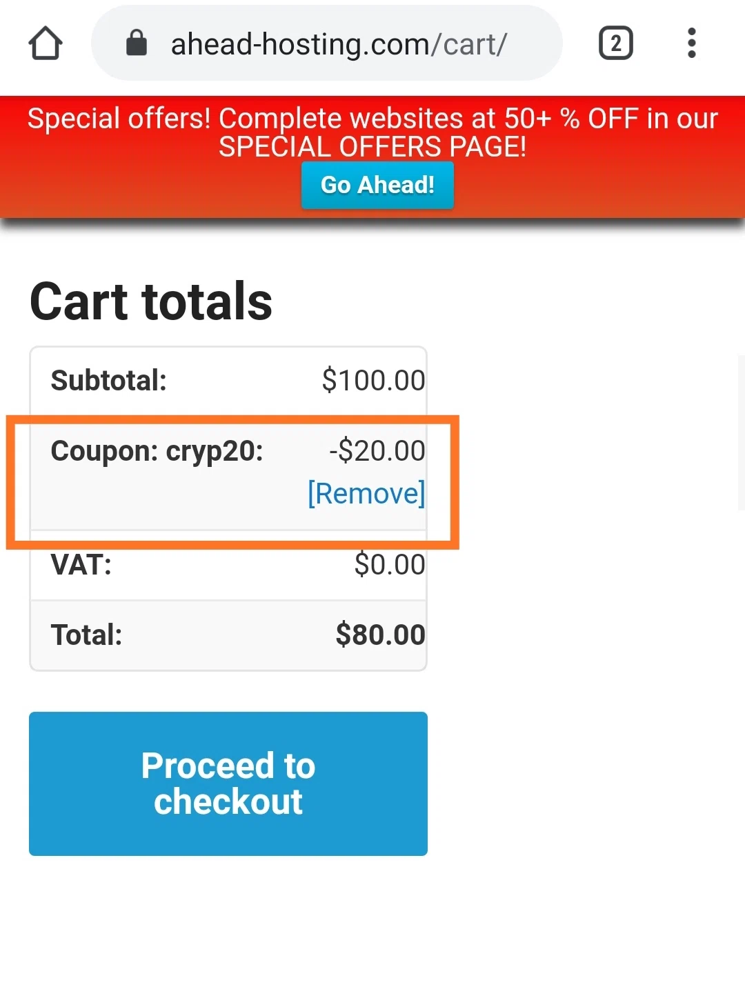 Ahead Hosting checkout page showing Ahead Hosting promo code box | Screenshot taken by SimplyCodes community member on Mar 12, 2021