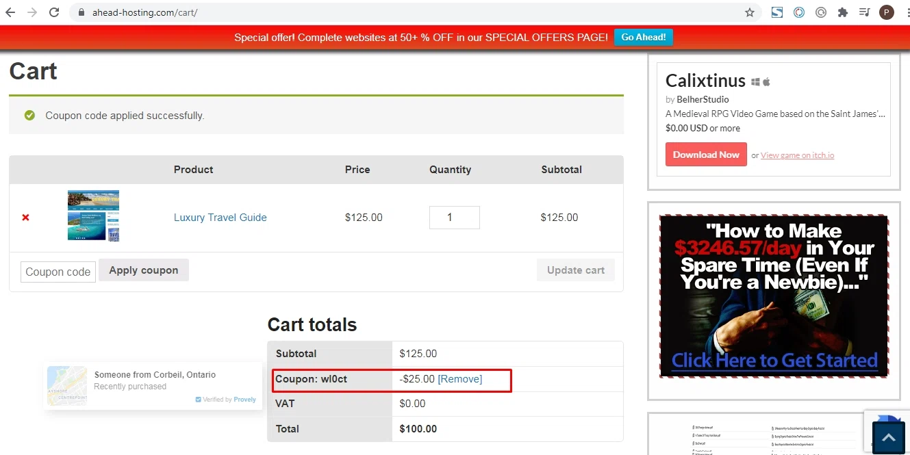 Ahead Hosting checkout page showing Ahead Hosting promo code box | Screenshot taken by SimplyCodes community member on Aug 21, 2021