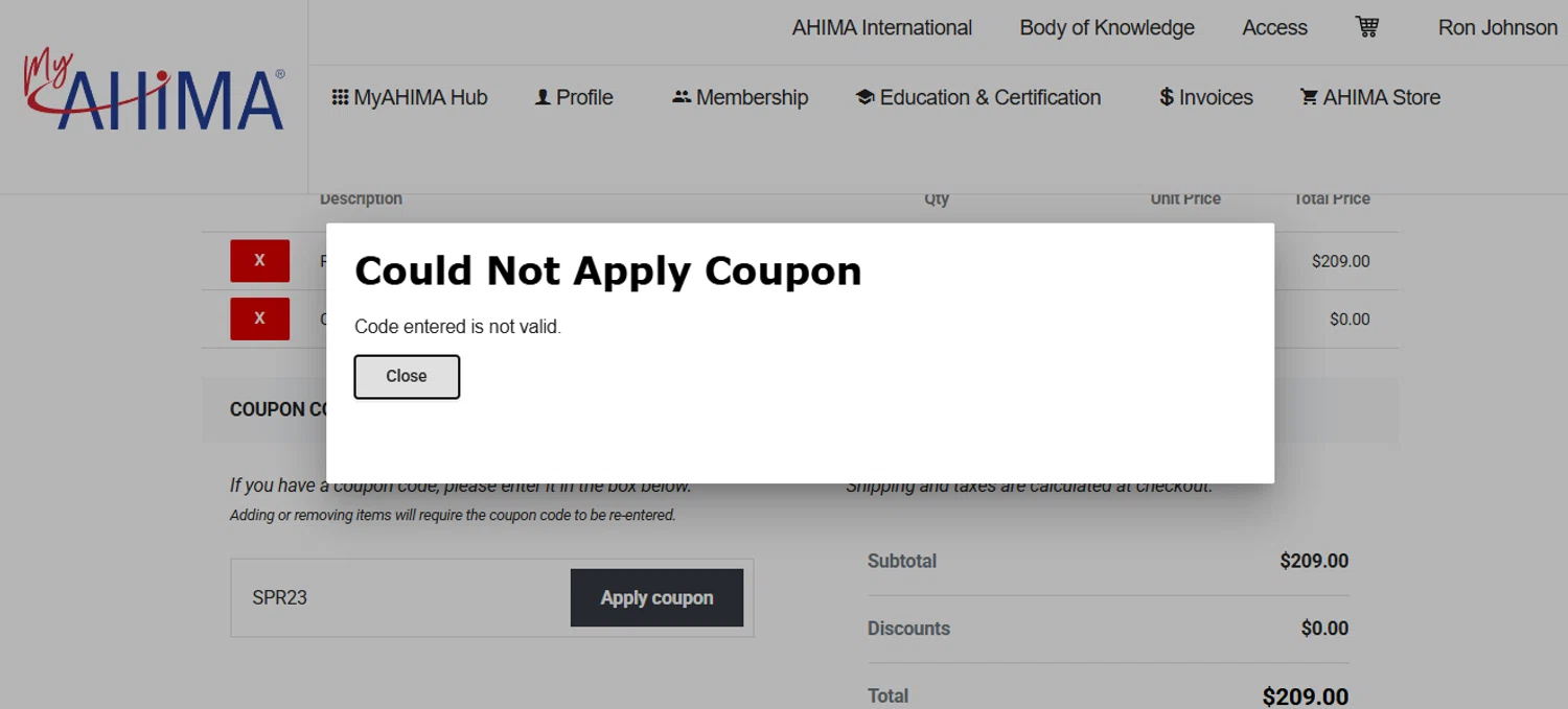 AHIMA coupon code screenshot showing code SPR23 applied at AHIMA checkout page. Uploaded by SimplyCodes community member SimplyCVerlie on Feb 27, 2025