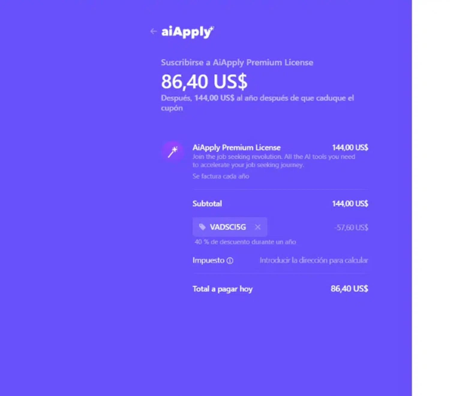 AIApply promo code screenshot showing code VADSCI5G applied at AIApply checkout page. Uploaded by SimplyCodes community member BusinessMechaGod on Nov 4, 2025
