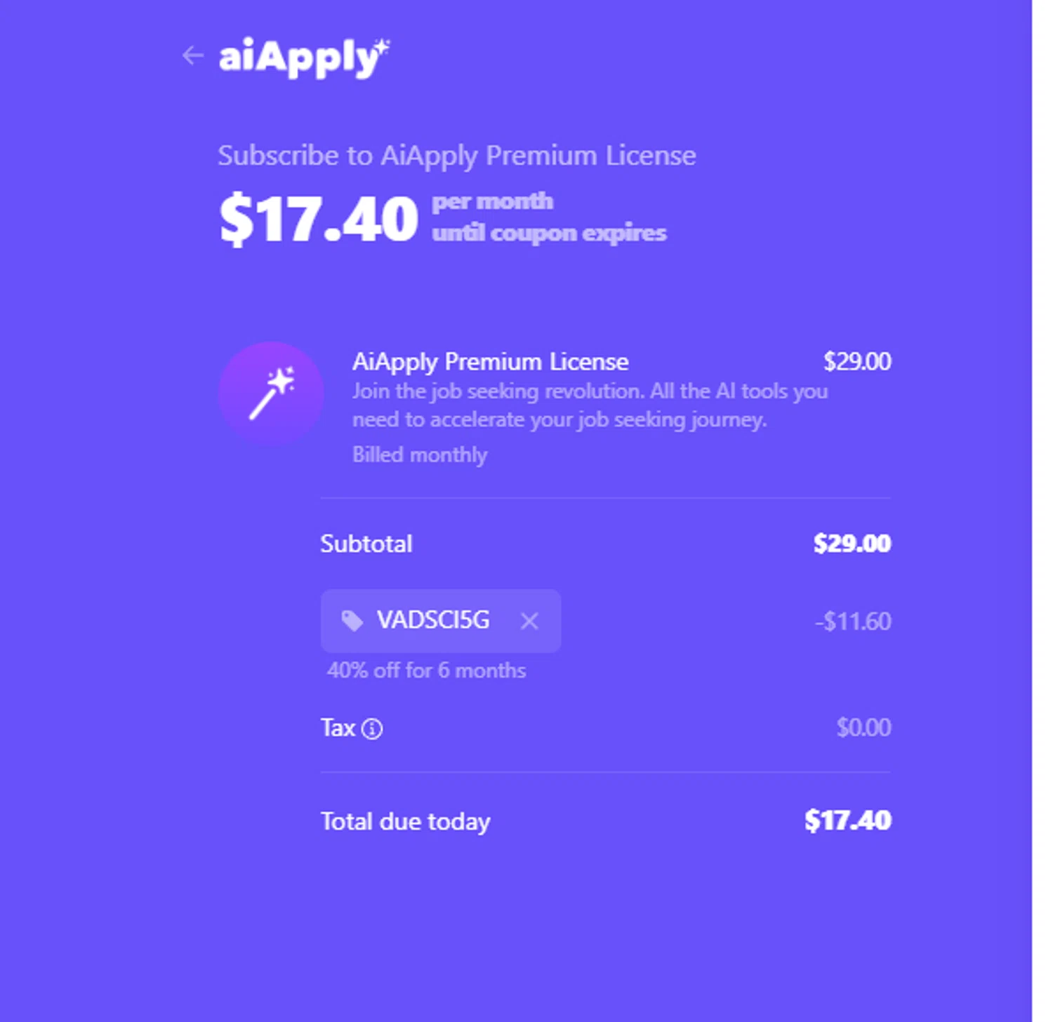 AIApply promo code screenshot showing code VADSCI5G applied at AIApply checkout page. Uploaded by SimplyCodes community member echidanarara on Oct 25, 2025