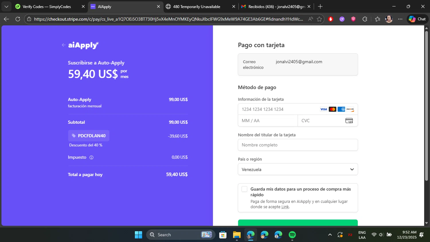 AIApply promo code screenshot showing code UKD141A applied at AIApply checkout page. Uploaded by SimplyCodes community member Blackleg_Sanji on Dec 23, 2025