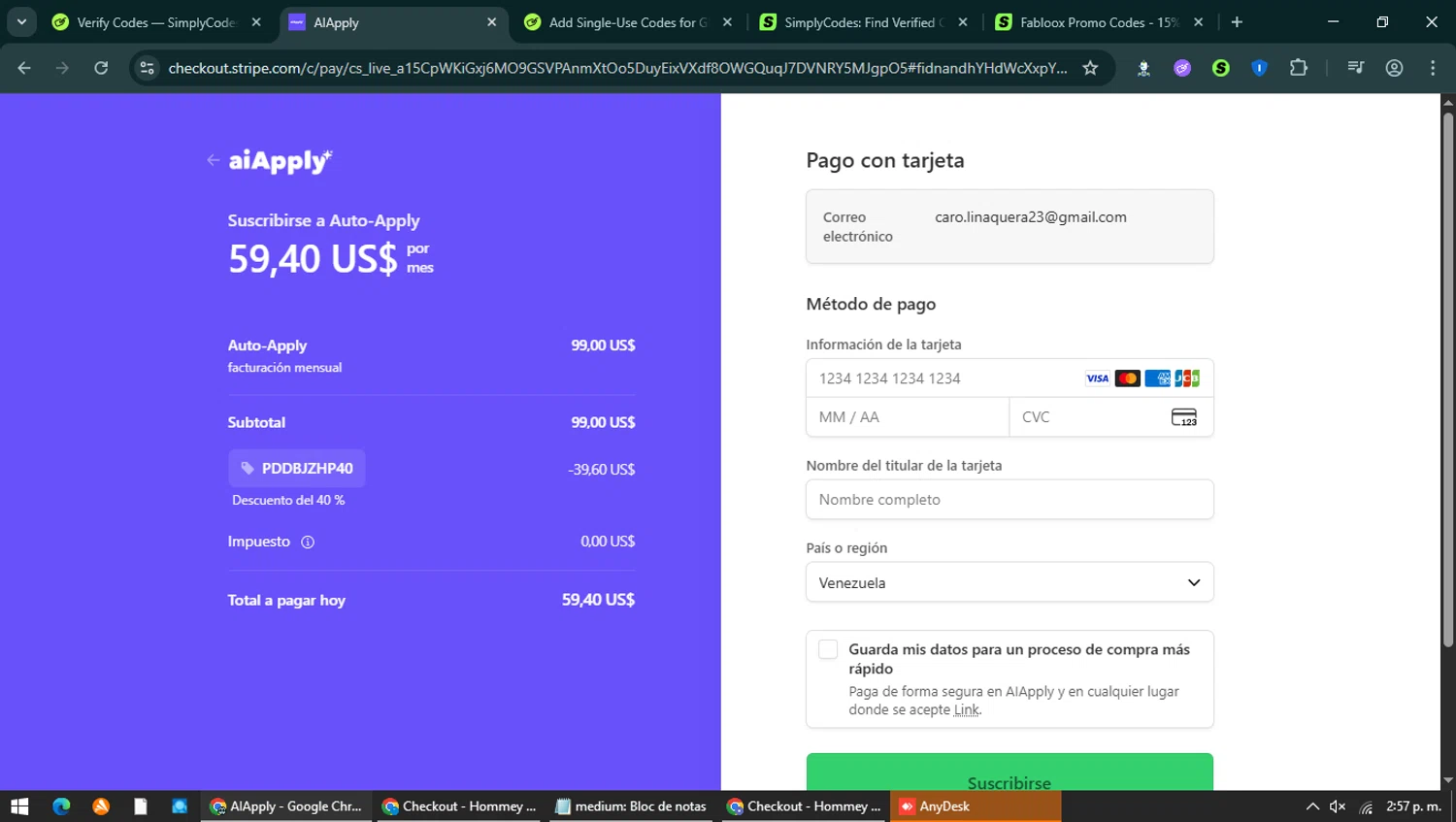 AIApply checkout page showing AIApply promo code box | Screenshot taken by SimplyCodes community member on Jan 12, 2026