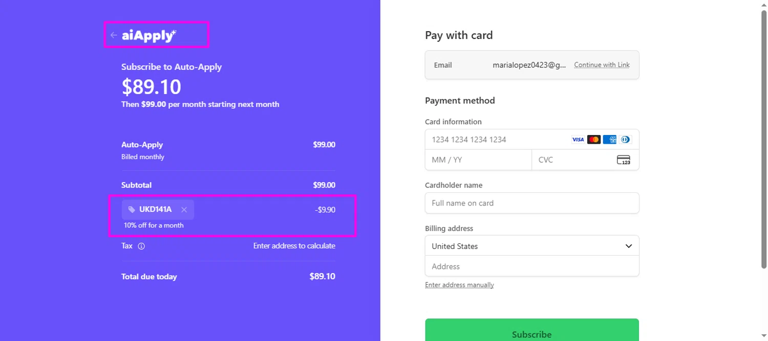 AIApply promo code screenshot showing code UKD141A applied at AIApply checkout page. Uploaded by SimplyCodes community member mrdarcy on Jan 13, 2026
