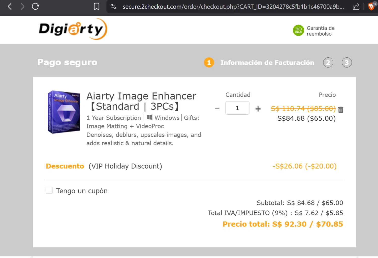 Aiarty Image Enhancer promo code screenshot showing code AIEVIPSAVE applied at Aiarty Image Enhancer checkout page. Uploaded by SimplyCodes community member CoinOwl5103 on Oct 31, 2025