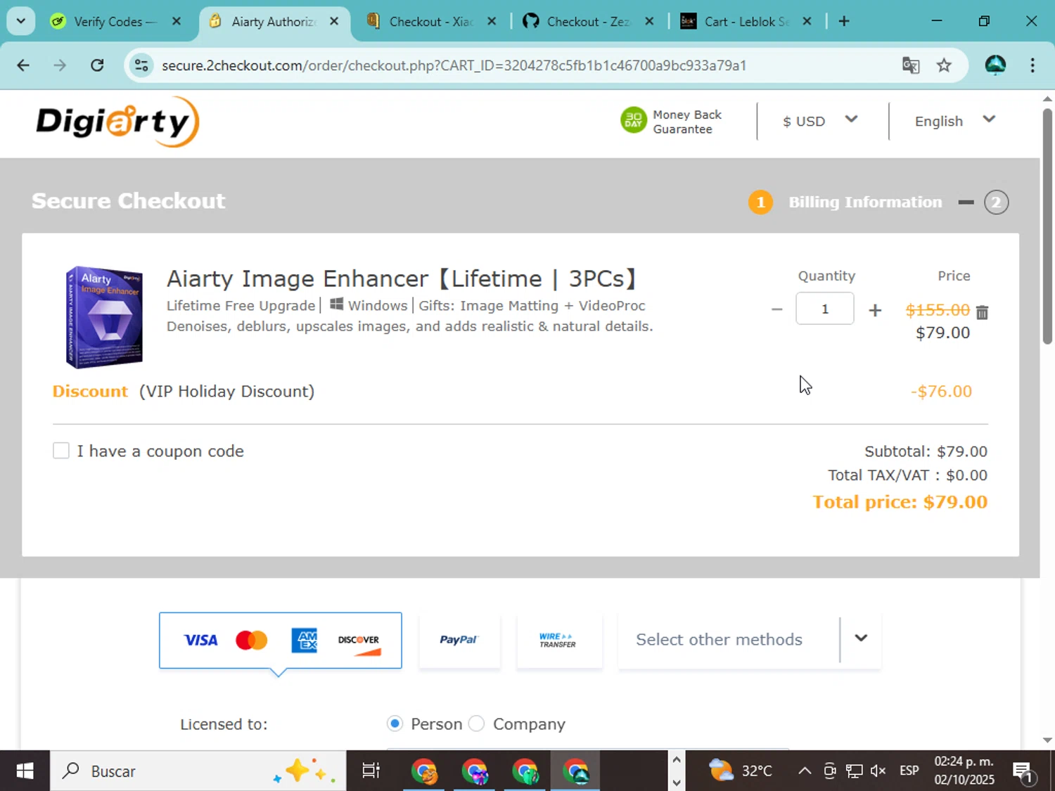 Aiarty Image Enhancer promo code screenshot showing code AIEVIPSAVE applied at Aiarty Image Enhancer checkout page. Uploaded by SimplyCodes community member ingri85 on Oct 2, 2025