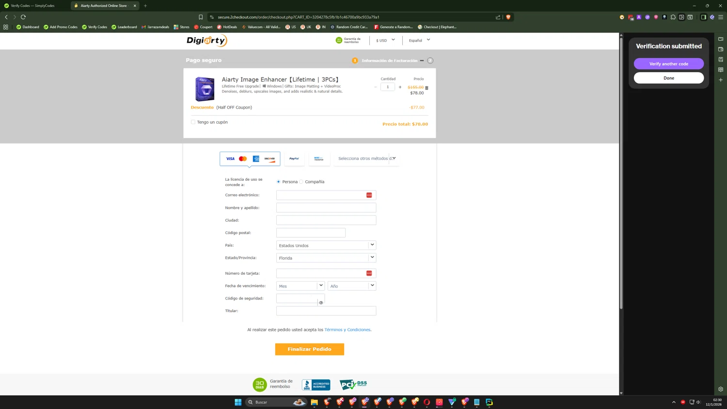 Aiarty Image Enhancer promo code screenshot showing code AIEHALFOFF applied at Aiarty Image Enhancer checkout page. Uploaded by SimplyCodes community member ilarrazaM4 on Jan 12, 2026