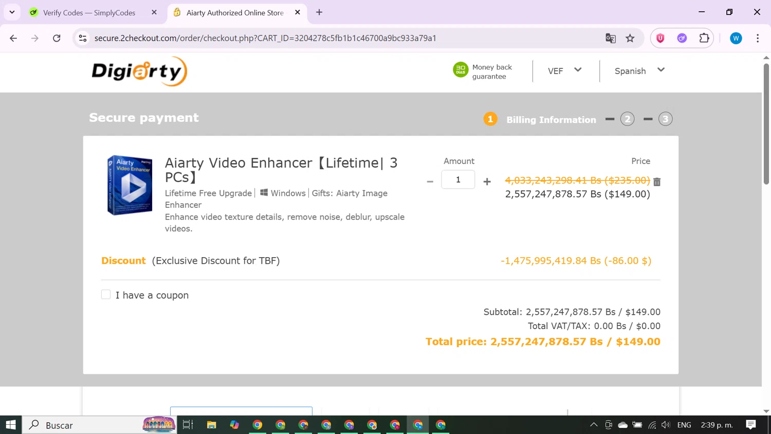 Aiarty Image Enhancer promo code screenshot showing code TBFEXTRA applied at Aiarty Image Enhancer checkout page. Uploaded by SimplyCodes community member CrownShopper7142 on Sep 29, 2025