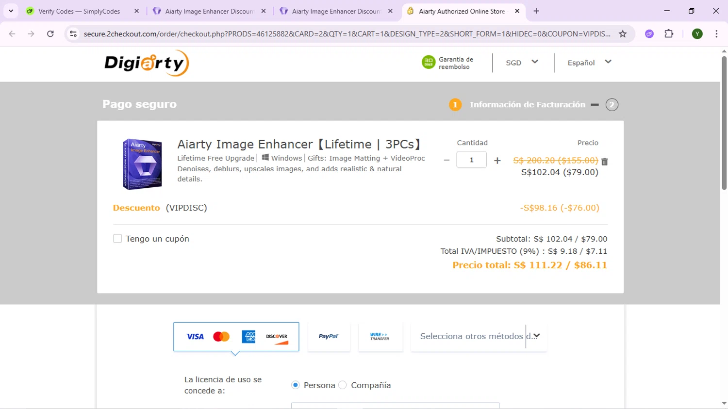 Aiarty Image Enhancer checkout page showing Aiarty Image Enhancer promo code box | Screenshot taken by SimplyCodes community member on Dec 15, 2025