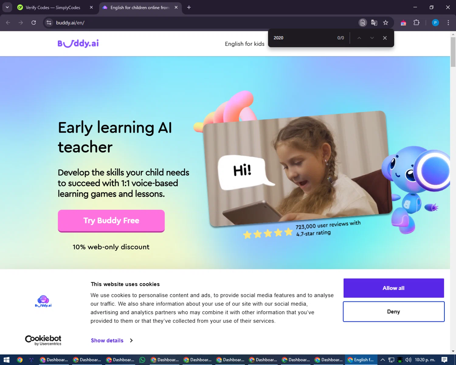 AI Buddy promo code screenshot showing code 2020 applied at AI Buddy checkout page. Uploaded by SimplyCodes community member juiceWRLD on Feb 11, 2025