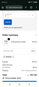 WINNER coupon verification screenshot