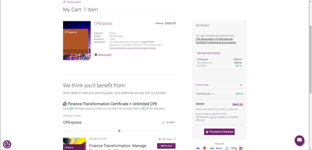 AICPA & CIMA checkout page showing AICPA & CIMA promo code box | Screenshot taken by SimplyCodes community member on Aug 4, 2025