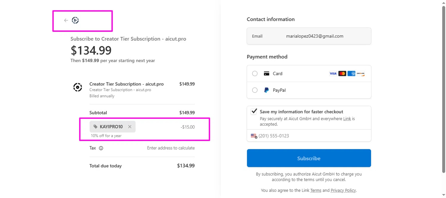 Aicut promo code screenshot showing code KAYIPRO10 applied at Aicut checkout page. Uploaded by SimplyCodes community member mrdarcy on Dec 20, 2025