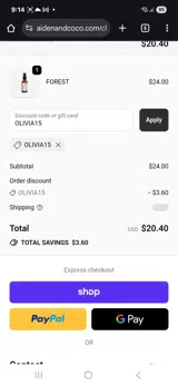 OLIVIA15 coupon verification screenshot