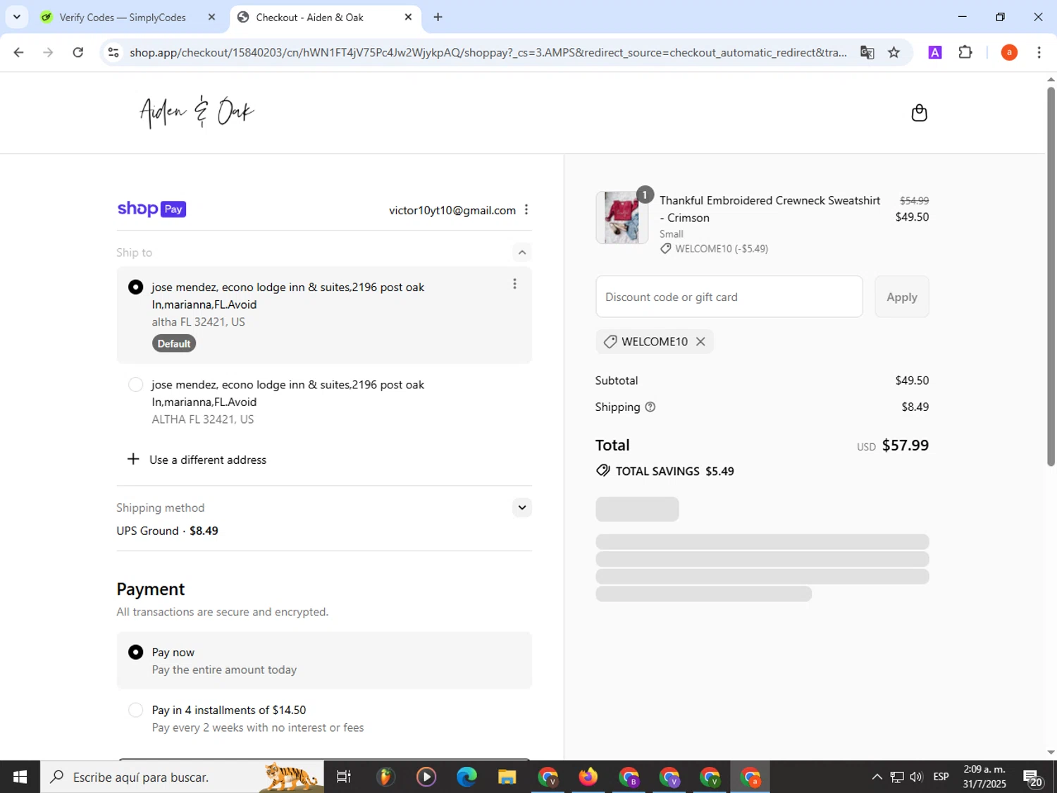 Aiden & Oak promo code screenshot showing code WELCOME10 applied at Aiden & Oak checkout page. Uploaded by SimplyCodes community member partenalgas on Jul 31, 2025