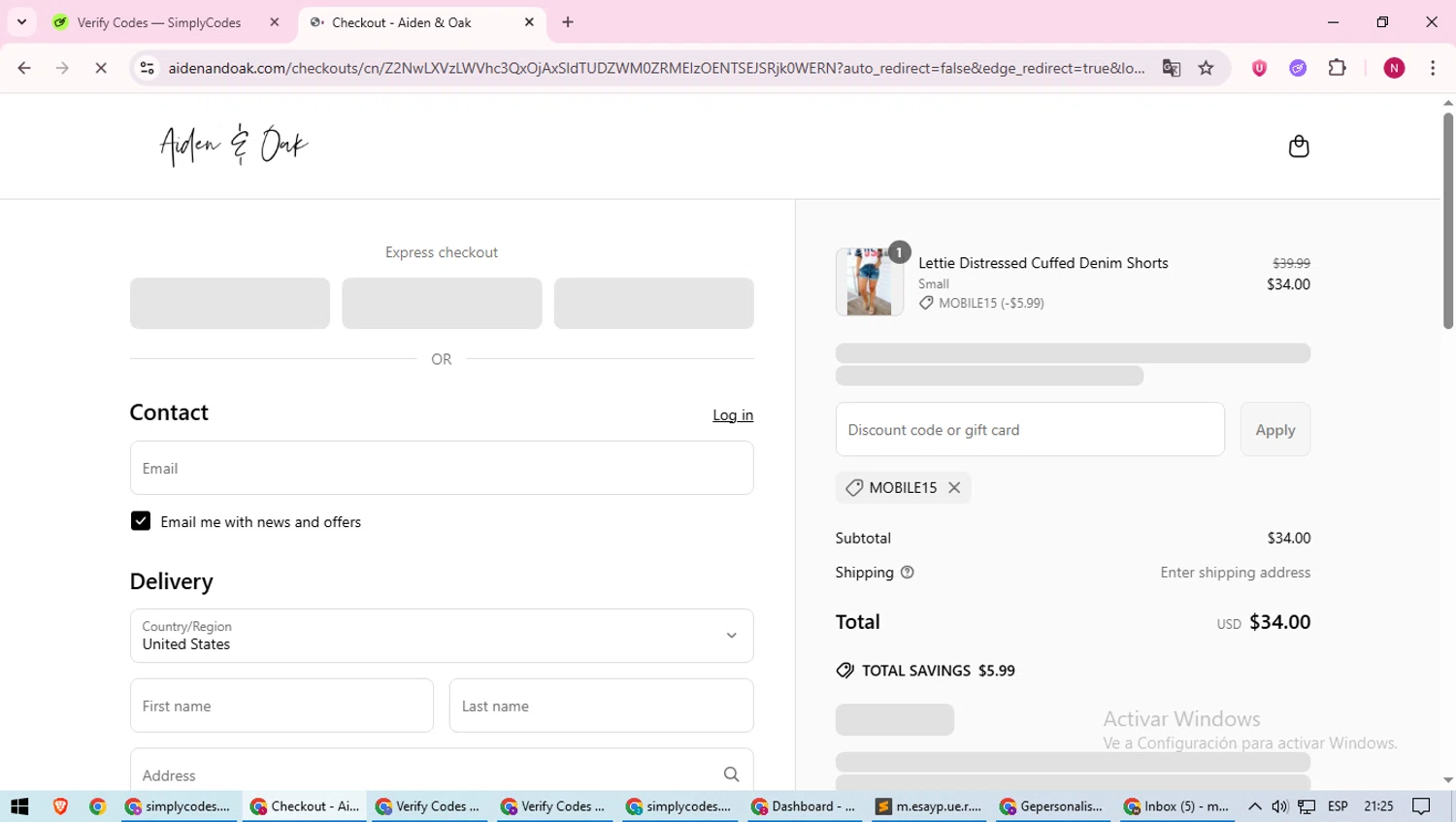 Aiden & Oak promo code screenshot showing code MOBILE15 applied at Aiden & Oak checkout page. Uploaded by SimplyCodes community member CoinWizard8578 on Jun 3, 2025