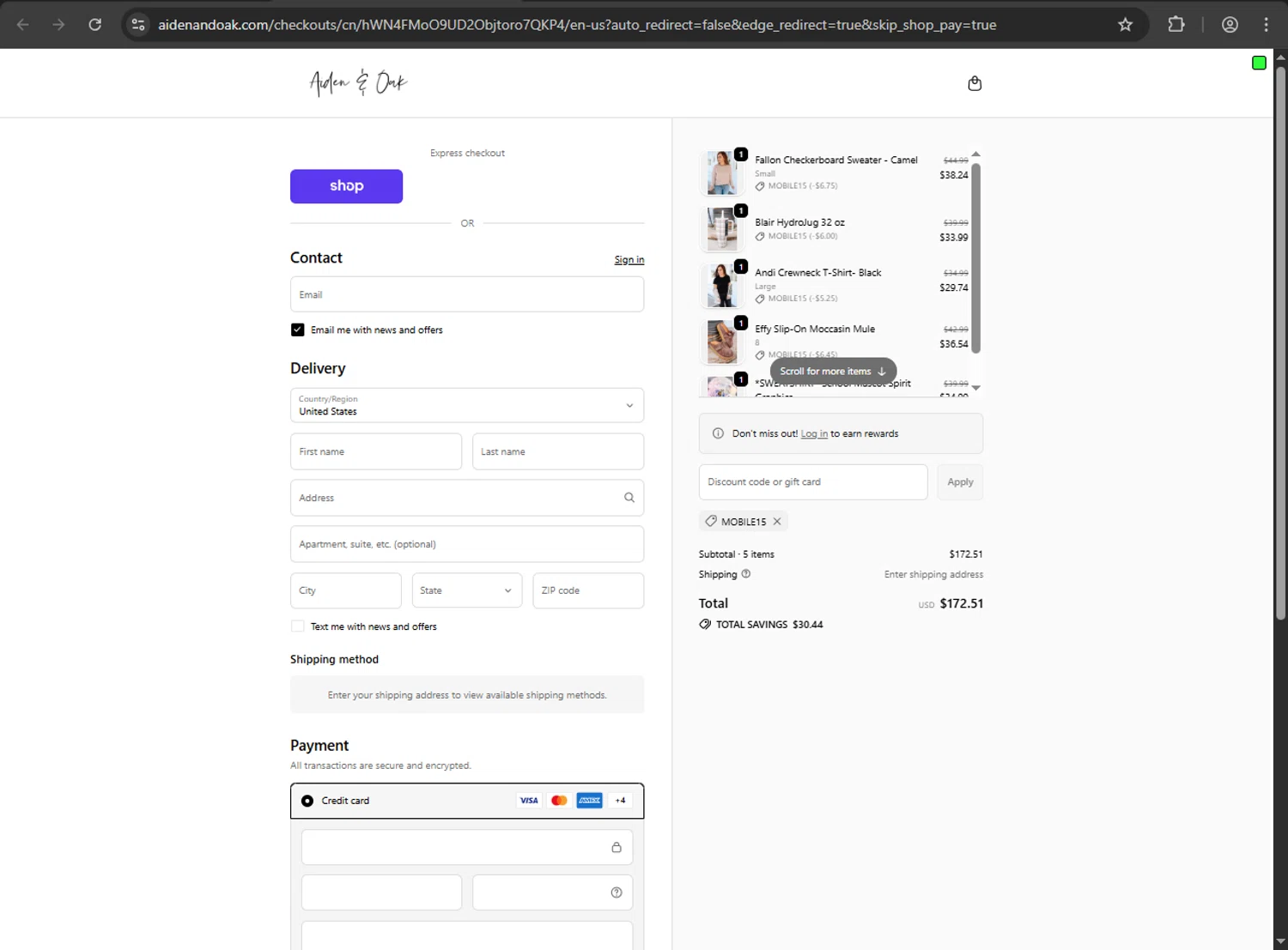 Aiden & Oak promo code screenshot showing code MOBILE15 applied at Aiden & Oak checkout page. Uploaded by SimplyCodes community member VictoriousDefender1681 on Oct 18, 2025