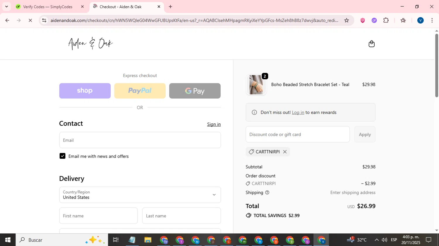 Aiden & Oak promo code screenshot showing code CARTTNIRPI applied at Aiden & Oak checkout page. Uploaded by SimplyCodes community member CrownTitan5376 on Nov 20, 2025