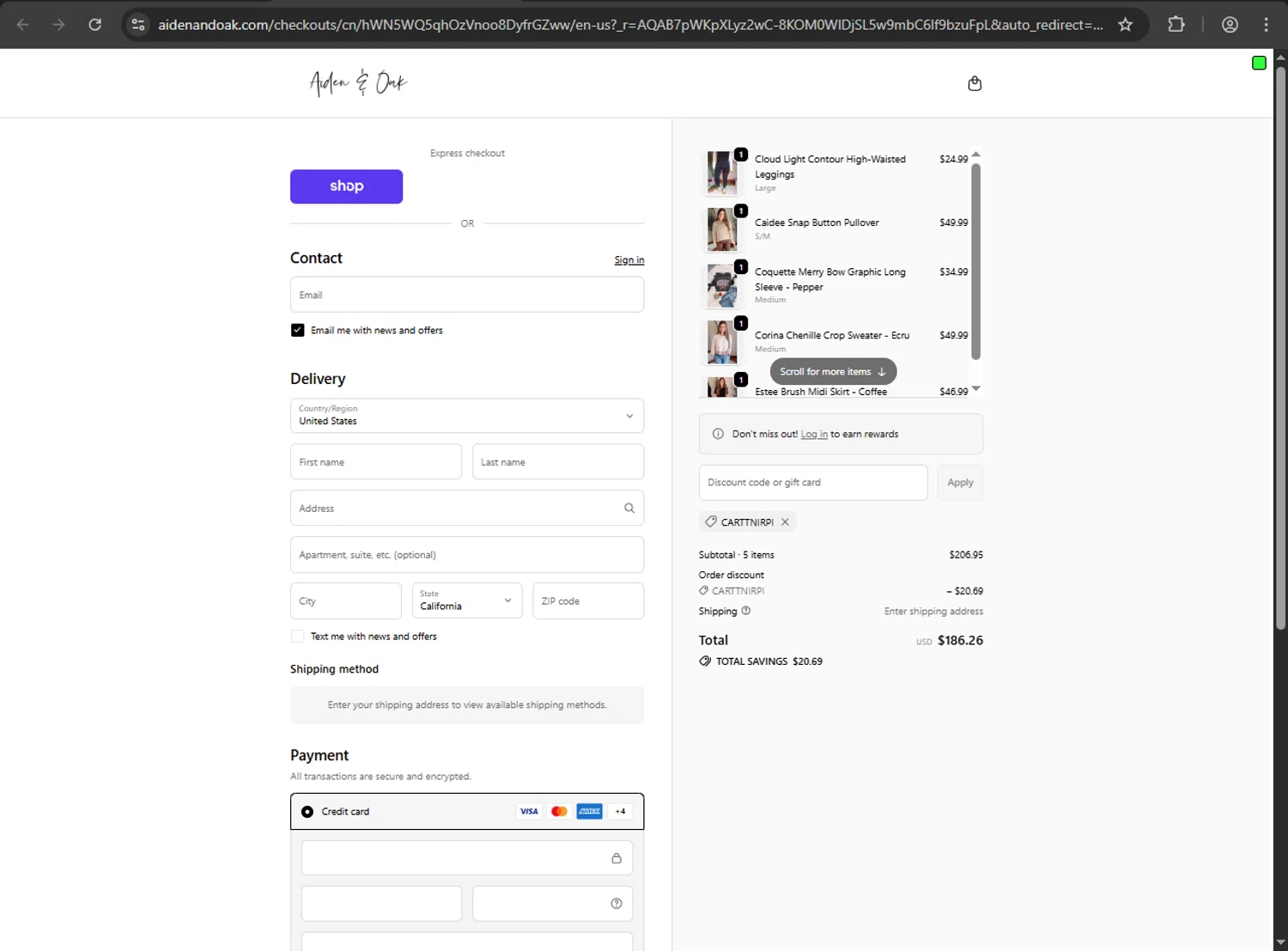 Aiden & Oak promo code screenshot showing code CARTTNIRPI applied at Aiden & Oak checkout page. Uploaded by SimplyCodes community member Scrooge on Nov 20, 2025