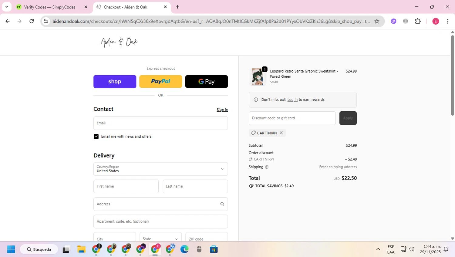 Aiden & Oak promo code screenshot showing code CARTTNIRPI applied at Aiden & Oak checkout page. Uploaded by SimplyCodes community member VoucherExpert2930 on Nov 29, 2025