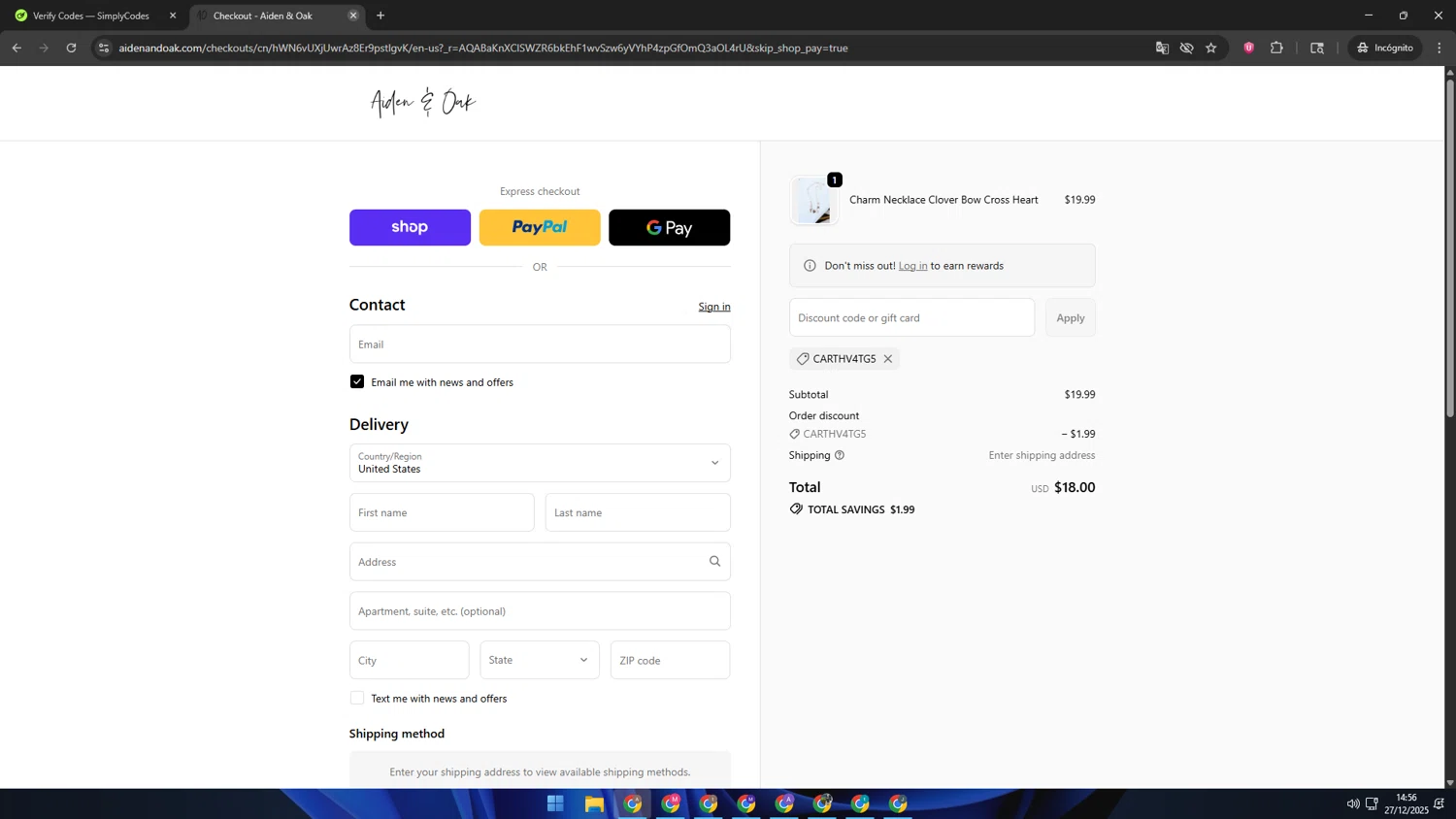 Aiden & Oak promo code screenshot showing code CARTHV4Tg5 applied at Aiden & Oak checkout page. Uploaded by SimplyCodes community member SwiftSage2309 on Dec 27, 2025