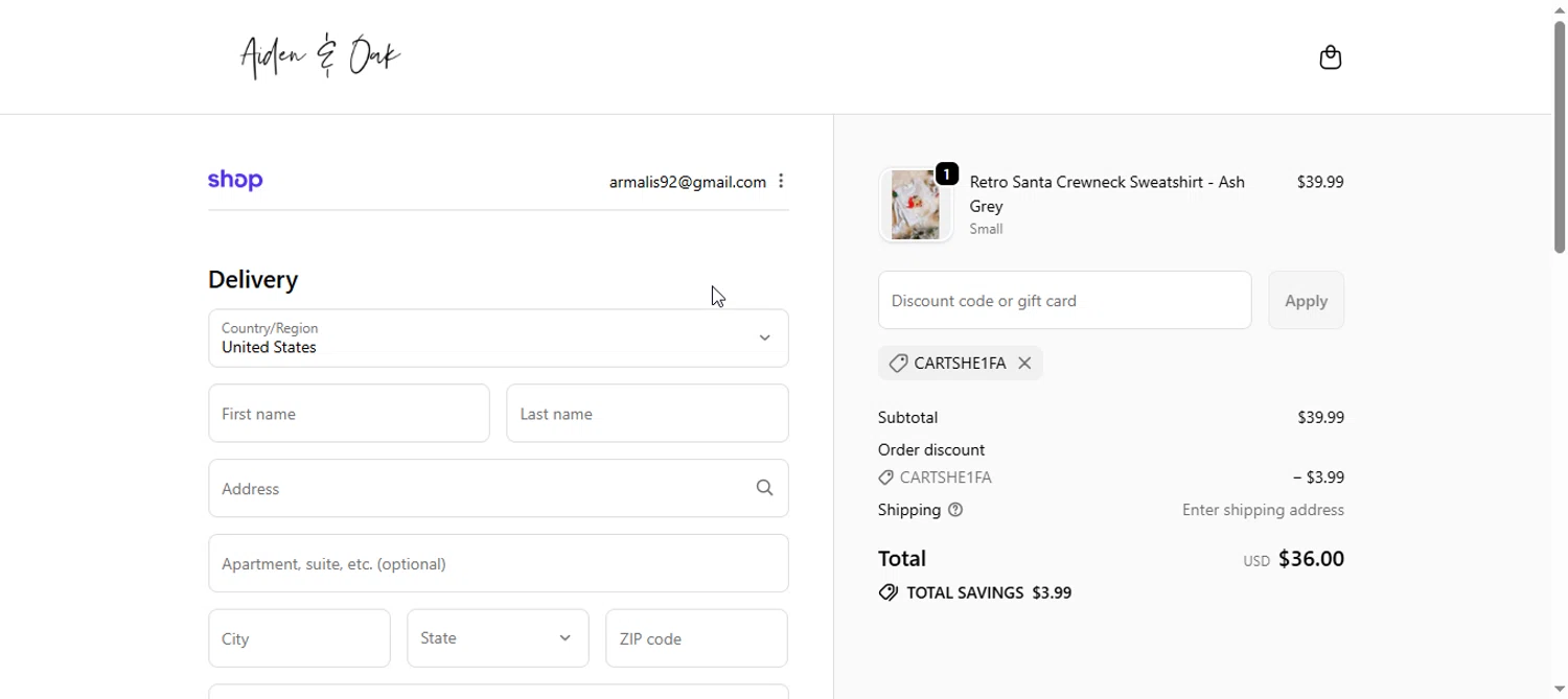 Aiden & Oak promo code screenshot showing code CARTSHE1FA applied at Aiden & Oak checkout page. Uploaded by SimplyCodes community member armalissolorzano1 on Nov 20, 2025