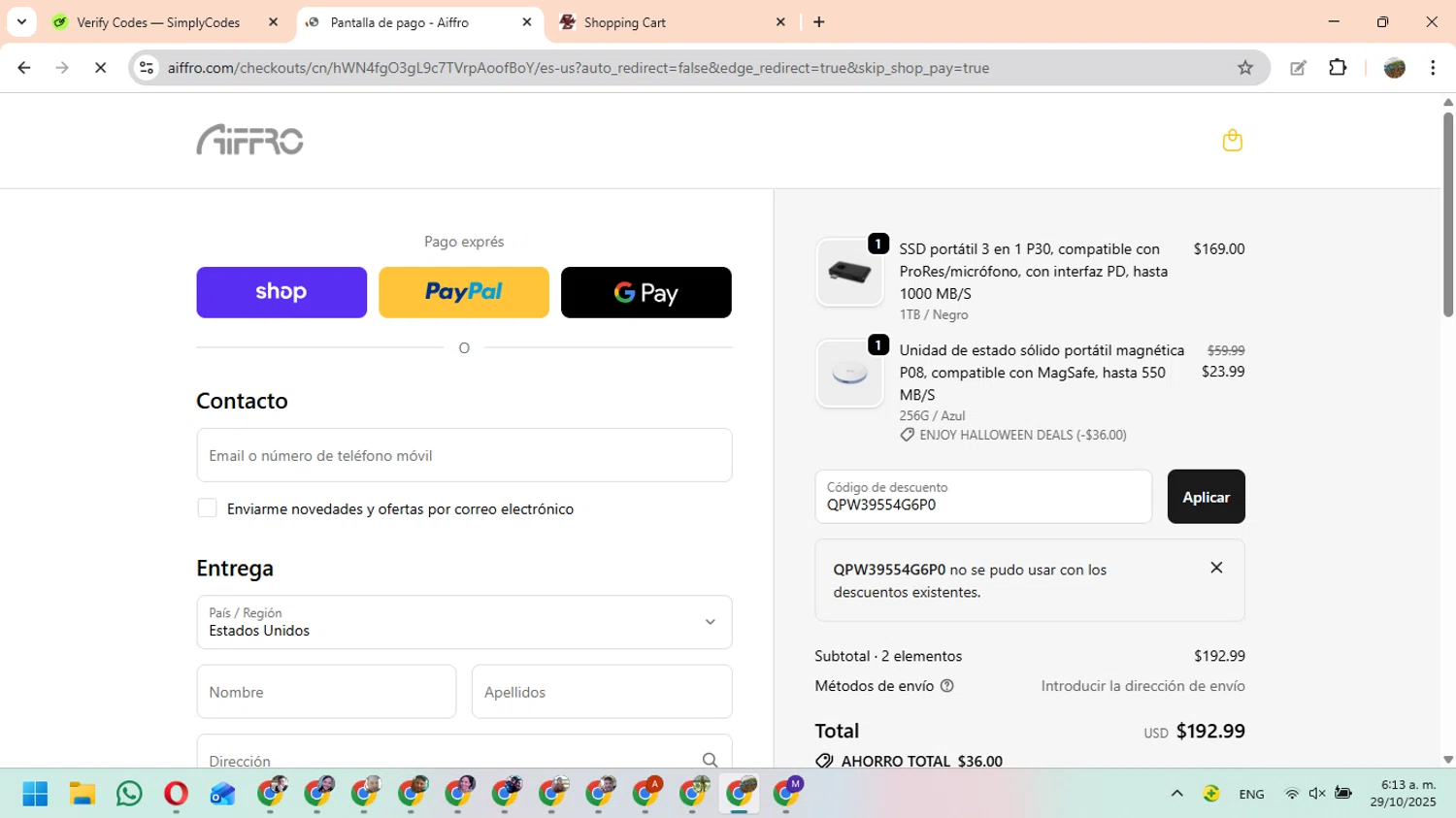 Aiffro promo code screenshot showing code QPW39554G6P0 applied at Aiffro checkout page. Uploaded by SimplyCodes community member FundoEsperanza on Oct 29, 2025